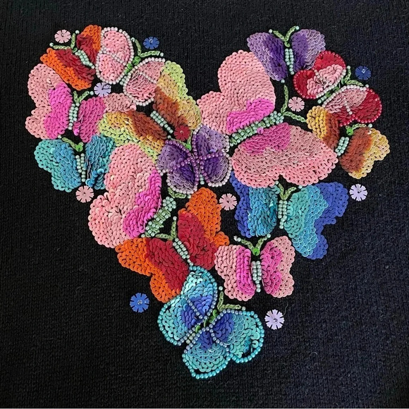 Quacker Factory XS Black Heart Tunic Sweater Ramie And Cotton Beaded Butterflys - Picture 5 of 15